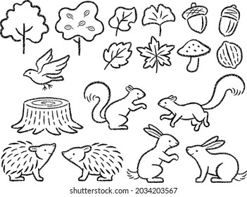 Hand drawn style line art illustrations of trees and leaves with various forest small animals