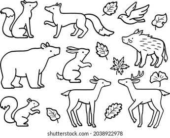 Hand drawn style line art illustrations of forest animals