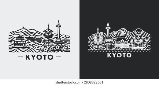 Hand drawn style line art of the Kyoto city skyline showing traditional temples and modern landmarks against a mountain backdrop