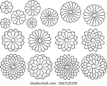 Hand drawn style line drawing illustration set of Japanese style chrysanthemum 