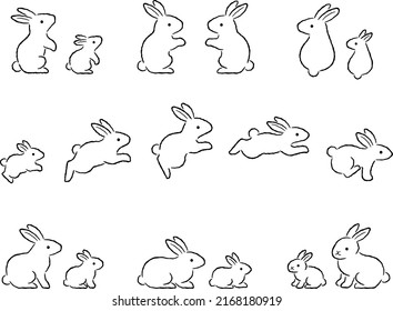 Hand drawn style line drawing illustration set of rabbit parents and children in various poses