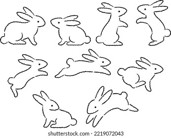 Hand drawn style line drawing illustration set of rabbits