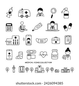 Hand drawn style medical icon set.