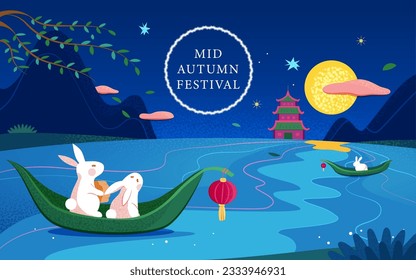 Hand drawn style Mid Autumn festival illustration. Cute bunnies moon watching in leaf boats on the river surrounded by mountains and traditional building in the background.