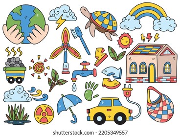 Hand drawn style Modern Green energy doodle objects vector illustration for banner poster flyer