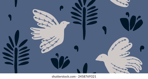 Hand drawn style ornament seamless pattern with birds. Abstract trendy monochrome print.
