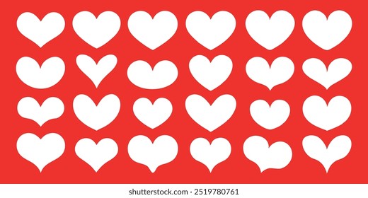hand drawn style outline white heart collection red background