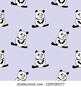 Hand drawn style of pandas on cream purple color background, Animal seamless pattern background.