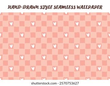 Hand drawn style pink checkered and white hearts. Red color lovely gingham seamless vector background. Retro style Valentine's Day theme gift wrapping wallpaper. Romantic vintage love girl Y2K flat