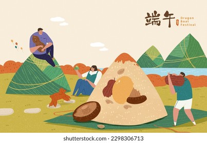 Afiche de estilo dibujado a mano de la montaña gigante de bolas de arroz, personaje en miniatura con picnic al aire libre y disfrutando de un bolas de arroz en el Festival del Barco Dragón. Traducción al chino: Duanwu. Feliz Festival.