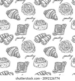 Hand drawn style puff pastry elements vector pattern on the white background. Elegant french bakery elements. Croissant, swirl pastry. Breakfast time. Sweet, chocolate tasty desserts. Coffee time.