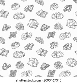 Hand drawn style puff pastry, bread elements vector pattern on the white background. Elegant french bakery elements, rye wheat bread loaf. Croissant, swirl pastry. Breakfast time. Coffee time. Menu.