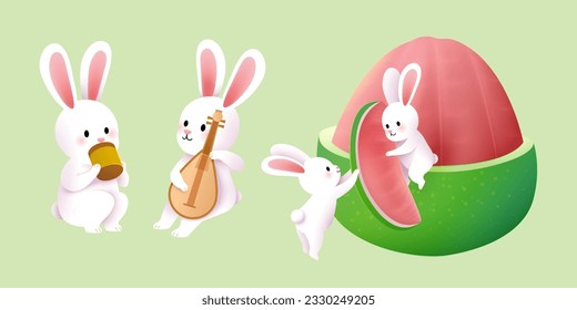 Hand drawn style rabbit elements isolated on light green background. Cute bunnies drinking tea, playing lute, and carrying pomelo slice together.