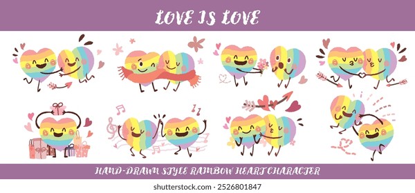 Hand drawn style rainbow heart shape valentine's day character vector set. Collection of the comic LGBTQ couple lover date. Joyful homosexual couple in love concept sticker. Love is love. Hug Kiss 