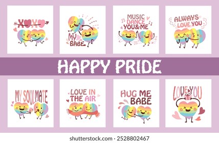 Hand drawn style rainbow heart shape valentine's day cards with love quote. Collection of the LGBTQ couple lover date. Joyful homosexual couple in love concept set. Kiss Hug Warm XOXO Soulmate Dance