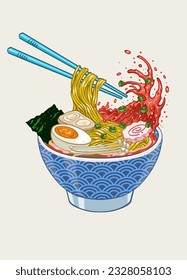 Hand Drawn Style of Ramen Noodle in a Bowl