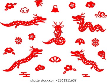 Hand drawn style red dragon and Japanese traditional new year items icon set
(There are no text in the illustration)
