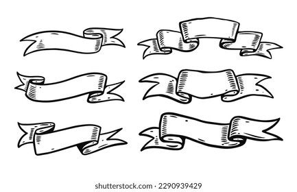 Hand drawn style ribbons and banners set black color sketch vector art illustration isolated.