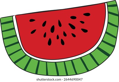 fatia de melancia madura estilo desenhado à mão, com polpa vermelha brilhante, sementes pretas, crosta verde fresca. O gráfico de frutas suculentas é perfeito para temas de verão, campanhas de alimentação saudável, livros infantis, blogs gastronômicos. 