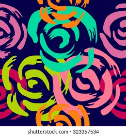 Hand drawn style roses scrolls seamless vector pattern. Vintage textile collection. Pink, red and yellow on blue. Backgrounds & textures shop.