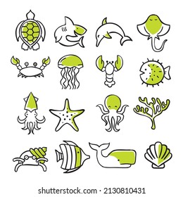Hand drawn style of sea creature icon set vector. Suitable for animal, marine life icon, sign or symbol suitable also for coloring book or teaching media for young learners.