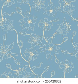 Hand drawn style seamless background flower pattern. Contour vector illustration.