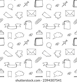 Hand drawn style seamless pattern background illustration. Doodle vector set of paper sheet, pack of paper, tag, note, notepad page and frame. School collection of sticker icons. 