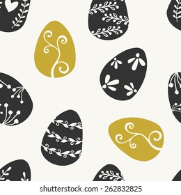 Hand drawn style seamless repeat pattern with Easter eggs in dark gray and golden.