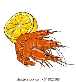 Hand drawn style shrimps with lemon isolated on white background. seafood for a party or dinner at a restaurant serving food from the sea. Prawn.