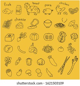 Hand drawn style simple and cute vegetables and meat illustration material