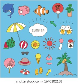 Hand drawn style simple and cute summer material illustration set