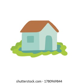 Hand drawn style simple mint green color cartoon village small house with green field flat vector isolated.