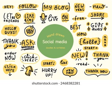 Hand drawn style social media communication texts for promotion, easy edit. Digital phrases