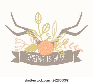 Hand drawn style spring greeting card template with antlers with floral decoration and a banner.