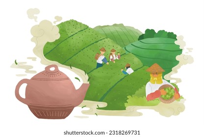 Hand drawn style steam from traditional teapot forming illustration of tea farmers collecting tea leaves in tea fields.