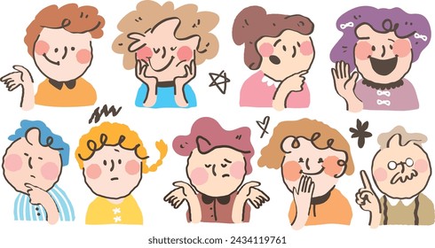 Hand drawn style stylish character avatar. Colorful crayon drawn people profile with variety facial emotions. Set of out line style kids face expression. Flat abstract line drawing style head vector.