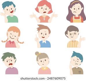 Hand drawn style stylish character avatar. Colorful crayon drawn people profile with variety facial emotions. Set of out line style kids face expression. Flat abstract line drawing style head vector.