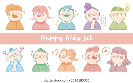 Hand drawn style stylish character avatar. Colorful crayon drawn people profile with variety facial emotions. Set of out line style kids face expression. Flat abstract line drawing style head vector.