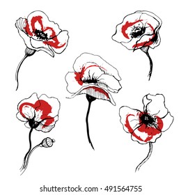 Hand drawn style summer poppies. Sketch on white background. Elegant floral element for design.It can be used for decorating of invitations, greeting cards, decoration for bags, t-shirt, cover, tattoo