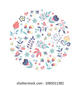 Hand drawn style summer or spring floral decorative design element or logo in circle shape. Business identity for boutique, organic cosmetics or flower shop card. Vector illustration isolated on white