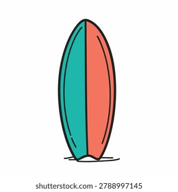 Hand drawn style surf board with teal and orange split design on a white background