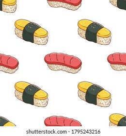 hand drawn style of sushi in seamless pattern 