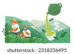 Hand drawn style tea farmers collecting tea leaves and green tea pouring out from teapot into teacup in beautiful terraced fields.