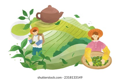 Hand drawn style tea farmers collecting tea leaves and holding bamboo tray in terraced fields. Giant tea pot and tea cup on the top of mountain with leaves flying in the air.