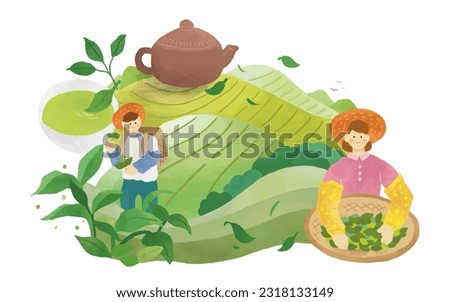 Hand drawn style tea farmers collecting tea leaves and holding bamboo tray in terraced fields. Giant tea pot and tea cup on the top of mountain with leaves flying in the air.
