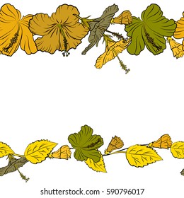 Hand drawn style texture. Ideal for card, posters, fabric or textile. Creative universal floral pattern with copy space in yellow and green colors. Horizontal vector of hibiscus flowers on a white.