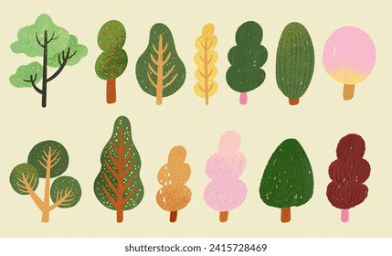 Hand drawn style tree elements isolated on beige background.