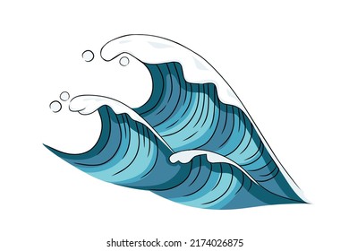 Estilo dibujado a mano Tsunami ola gran ola azul del mar en forma de esquemática ilustración vectorial diseño de boceto sobre fondo blanco