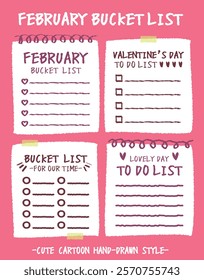 Hand drawn style valentine's day bucket lists set. Checklists with heart and flower pattern. Cartoon doodle style day do list for lover. Cute colorful romantic bucket list memo. Chart Paper note Idea