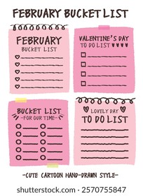 Hand drawn style valentine's day bucket lists set. Checklists with heart and flower pattern. Cartoon doodle style day do list for lover. Cute colorful romantic bucket list memo. Chart Paper note Idea